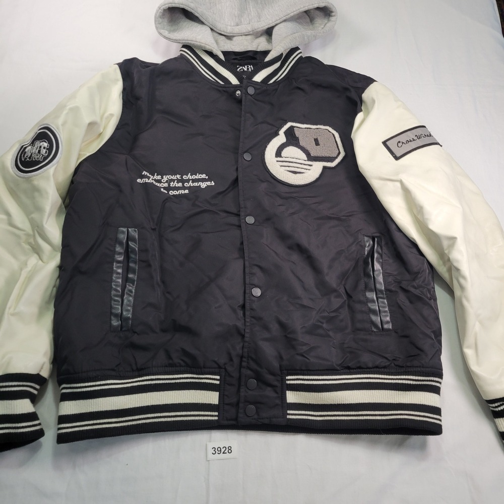 ZARA Varsity Bomber Jacket Hooded Black Cream Sleeves Patches Men XL READ